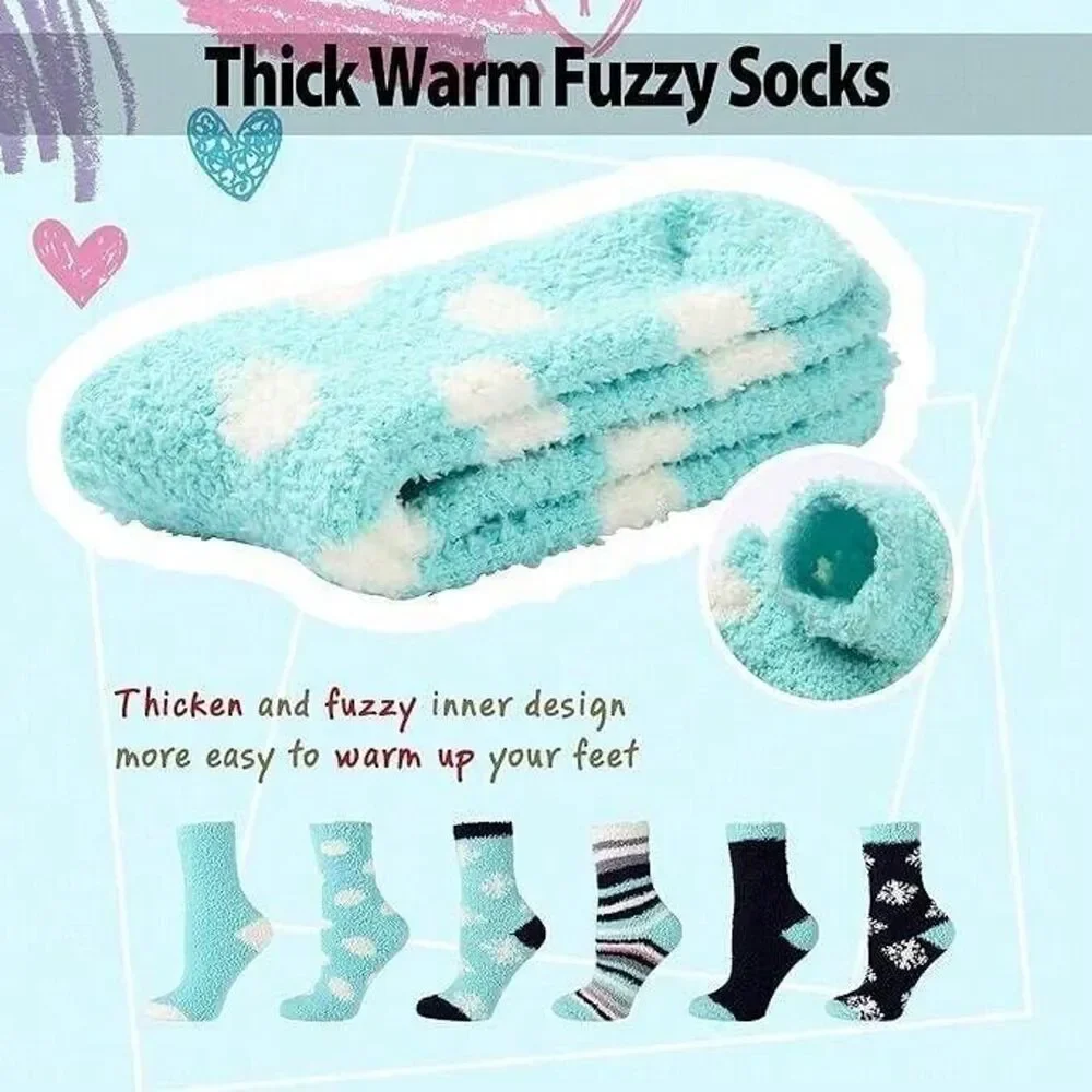 Women’s 6 Pack Fuzzy Warm Slipper Socks Soft Plush Winter Cozy Size 9-11